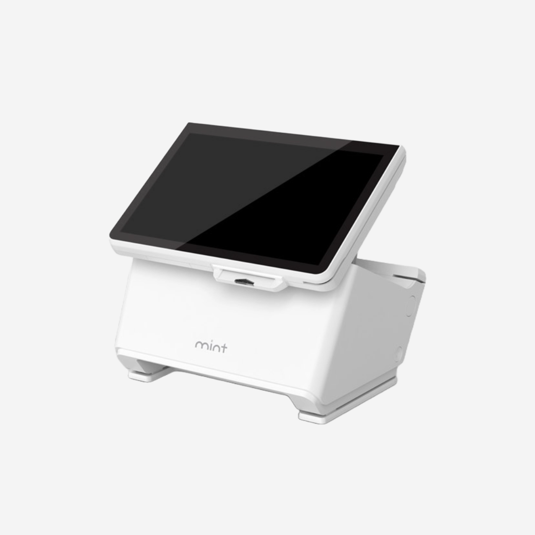 Auto-tilting button allows display to be shifted for the use of a customer signature pad